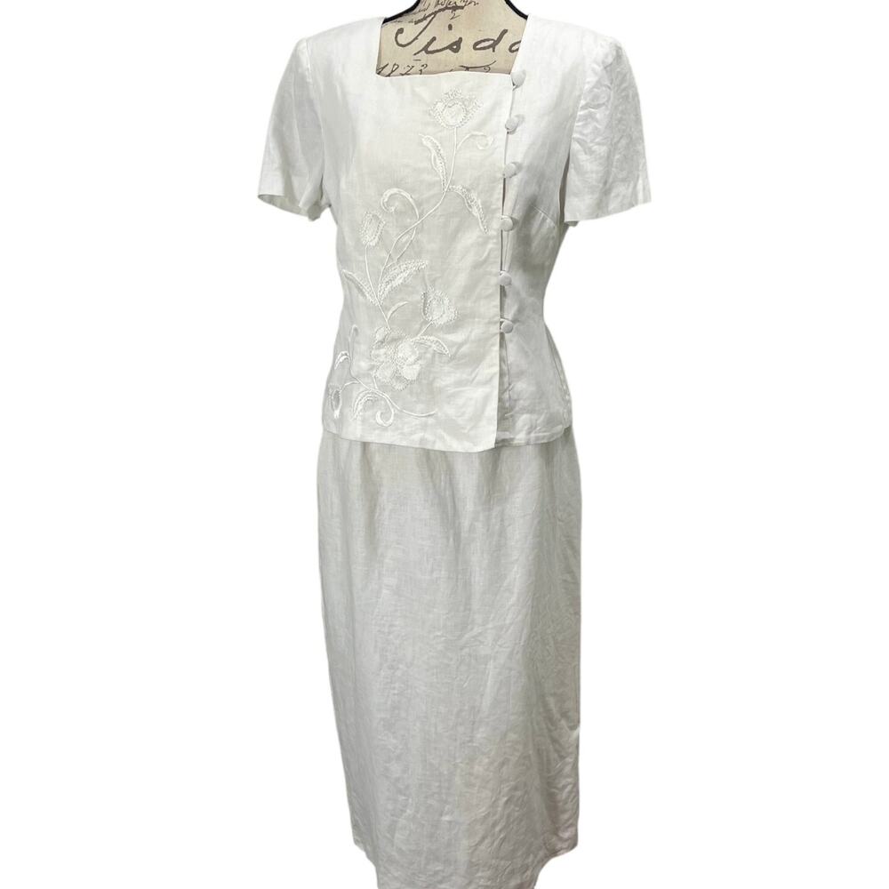 Vintage 00s White Linen Embroidered Top Skirt Set Plaza South Petite Size 10
